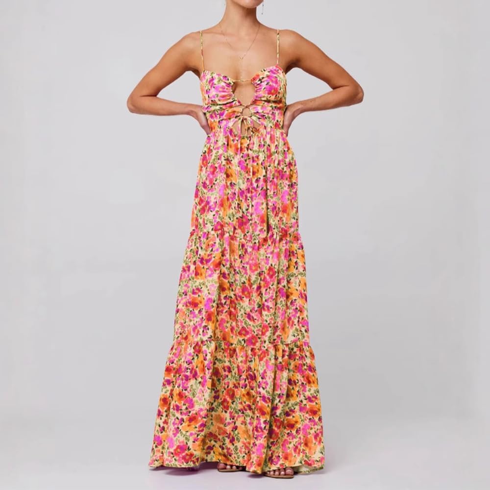 ABYOVRT Women Floral Maxi Dress Tie Front Cut Out Backless Boho Spaghetti Strap Summer Beach Sundress - Image 3
