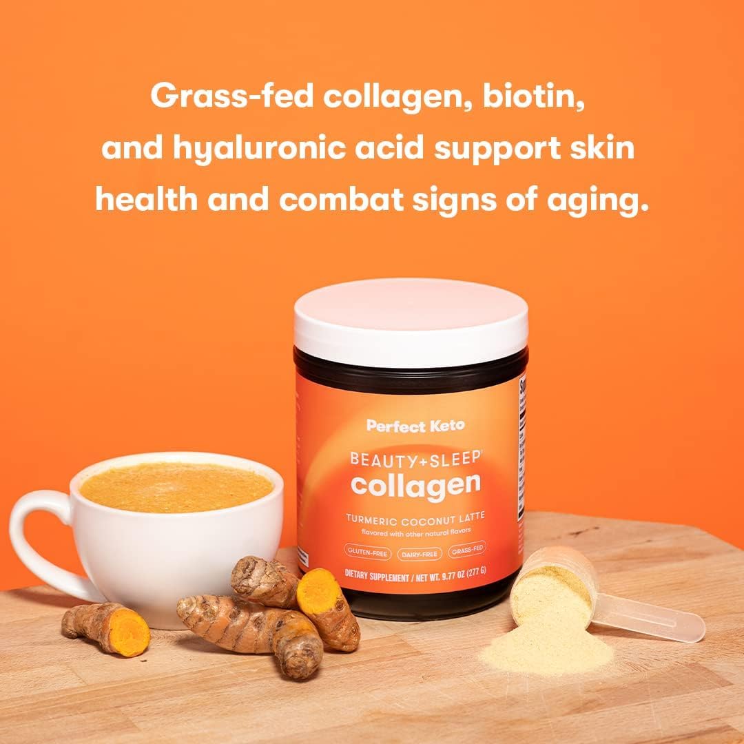 Perfect Keto Beauty + Sleep Grass Fed Collagen Peptides Protein Powder with Ashwagandha, Magnesium, Biotin, Hyaluronic Acid, L Theanine, Hair, Skin, Nails & Relaxation Support, Turmeric Coconut Latte