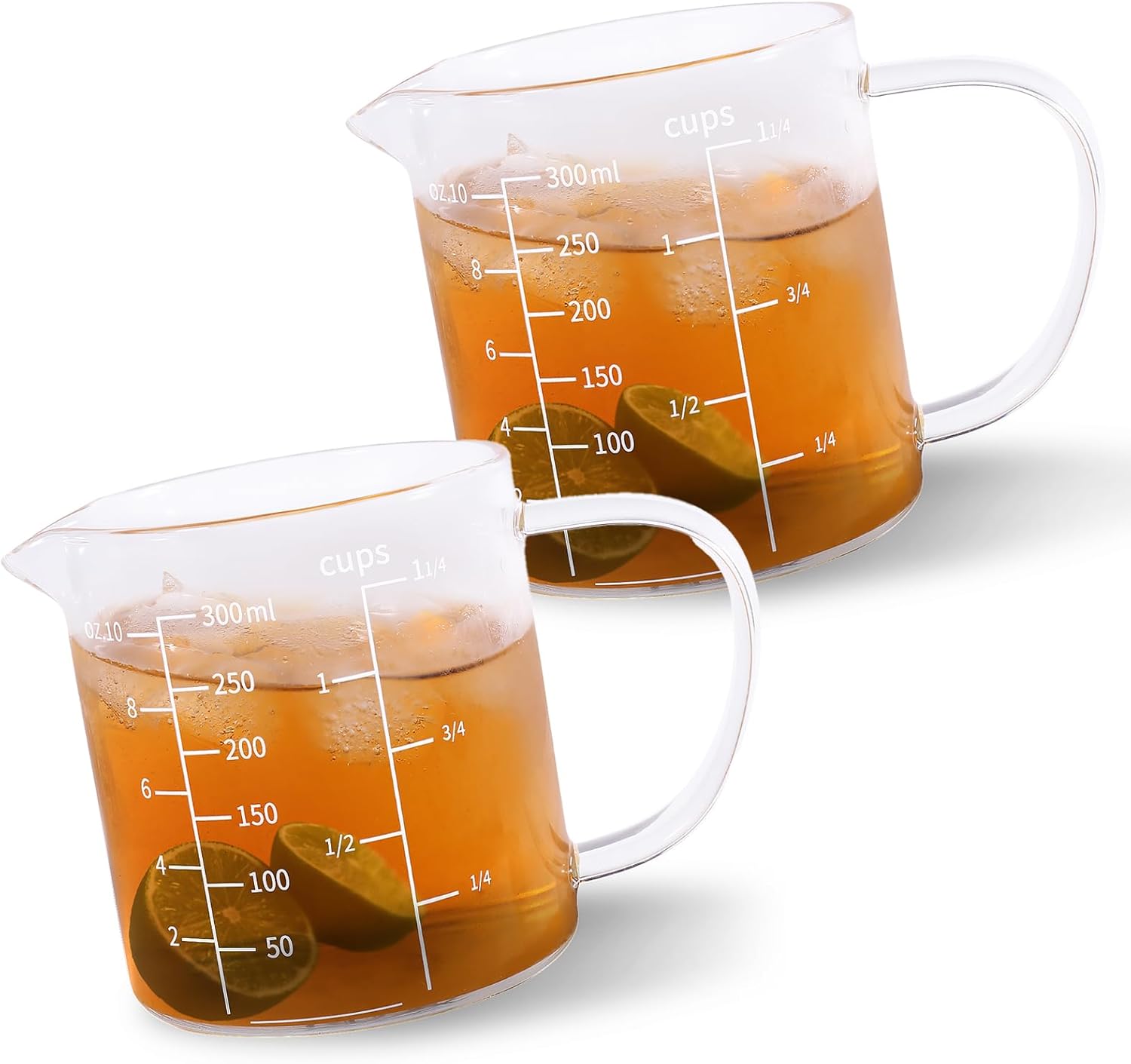 Glass Measuring Cup with Handle, 300 ML (0.3 Liter, 1 1/4 Cup) Measuring Cup with Three Scales (OZ, Cup, ML/CC) and V-Shaped Spout, Measuring Beaker for Kitchen or Restaurant, Easy to Read