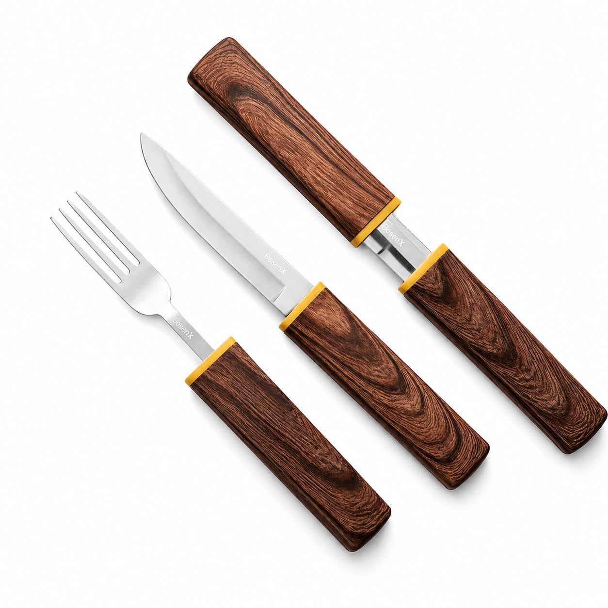 OESENX Travel Cutlery 2 Sets, 2-in-1 Interlocking Knife & Fork for Lunch Box, Portable Camping Utensils with ABS Wood-Grain Handle, Compact Silent Carry, Dishwasher Safe (2 Knives + 2 Forks)