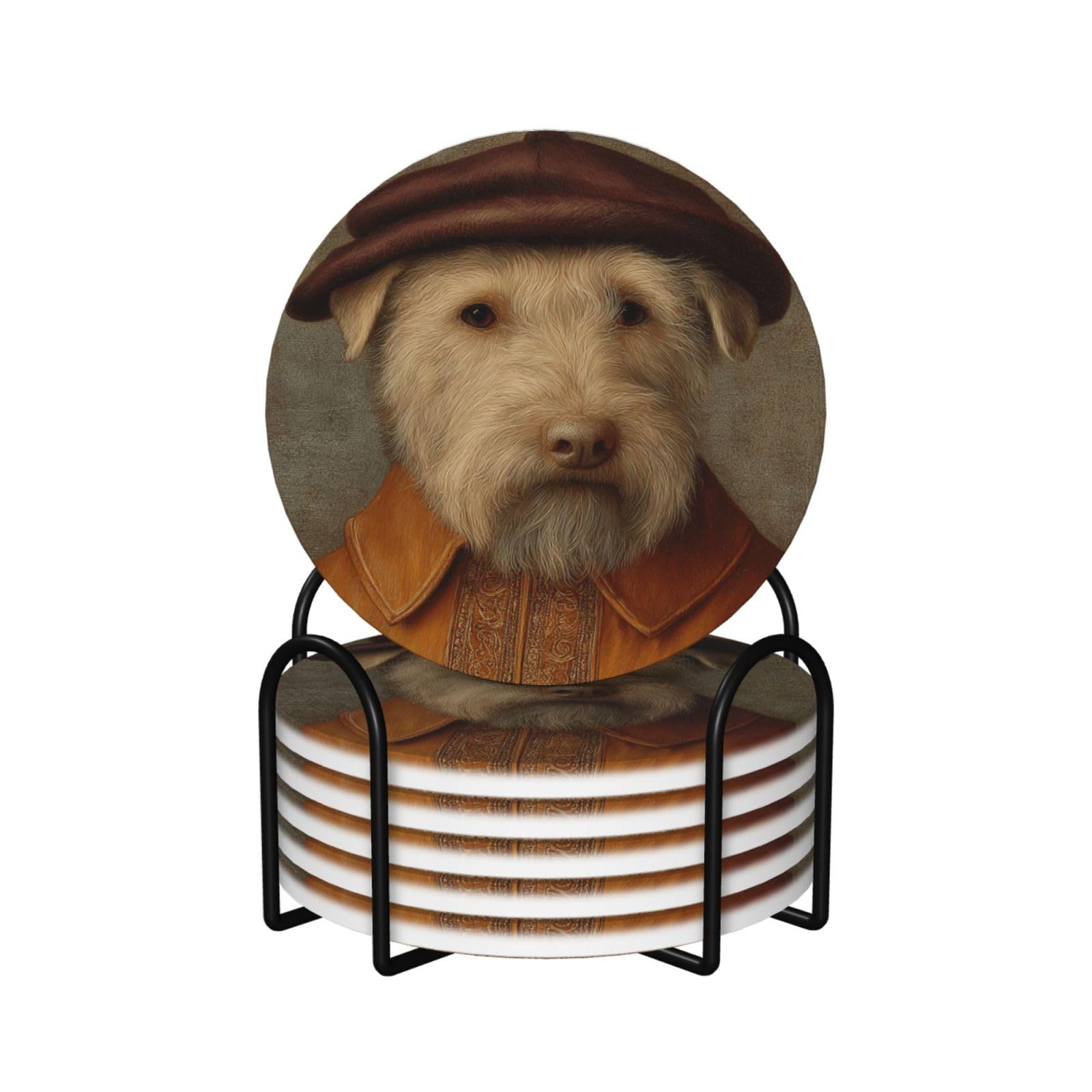 Dog Wearing A Brown Hat Ceramic Coasters with Holder 6ps