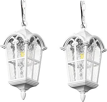 Outdoor Pendant Light for Porch Patio Garden Yard, Anti-Rust Aluminium Exterior Hanging Light Fixtures, Outside White Vintage Hanging Ceiling Outdoor Pendant Lamp Height Adjustable, 2pack