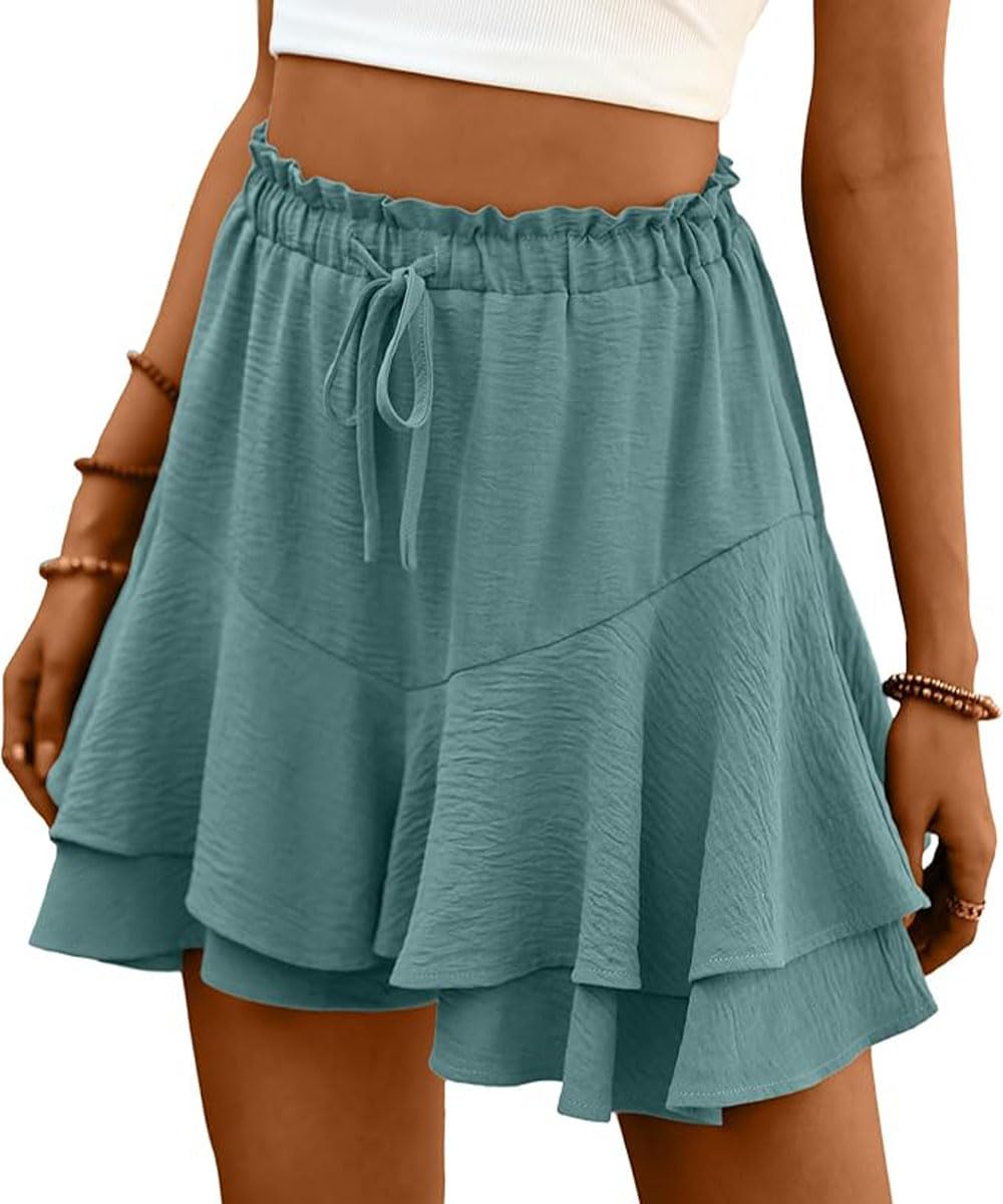 ABINGOO Shorts Damen Sommer Rüschen Freizeit Einfarbig Hosenrock Leicht Und Luftig Minirock Elastische Hoher Taille Kurz Strand-Hosen Mit Kordelzug