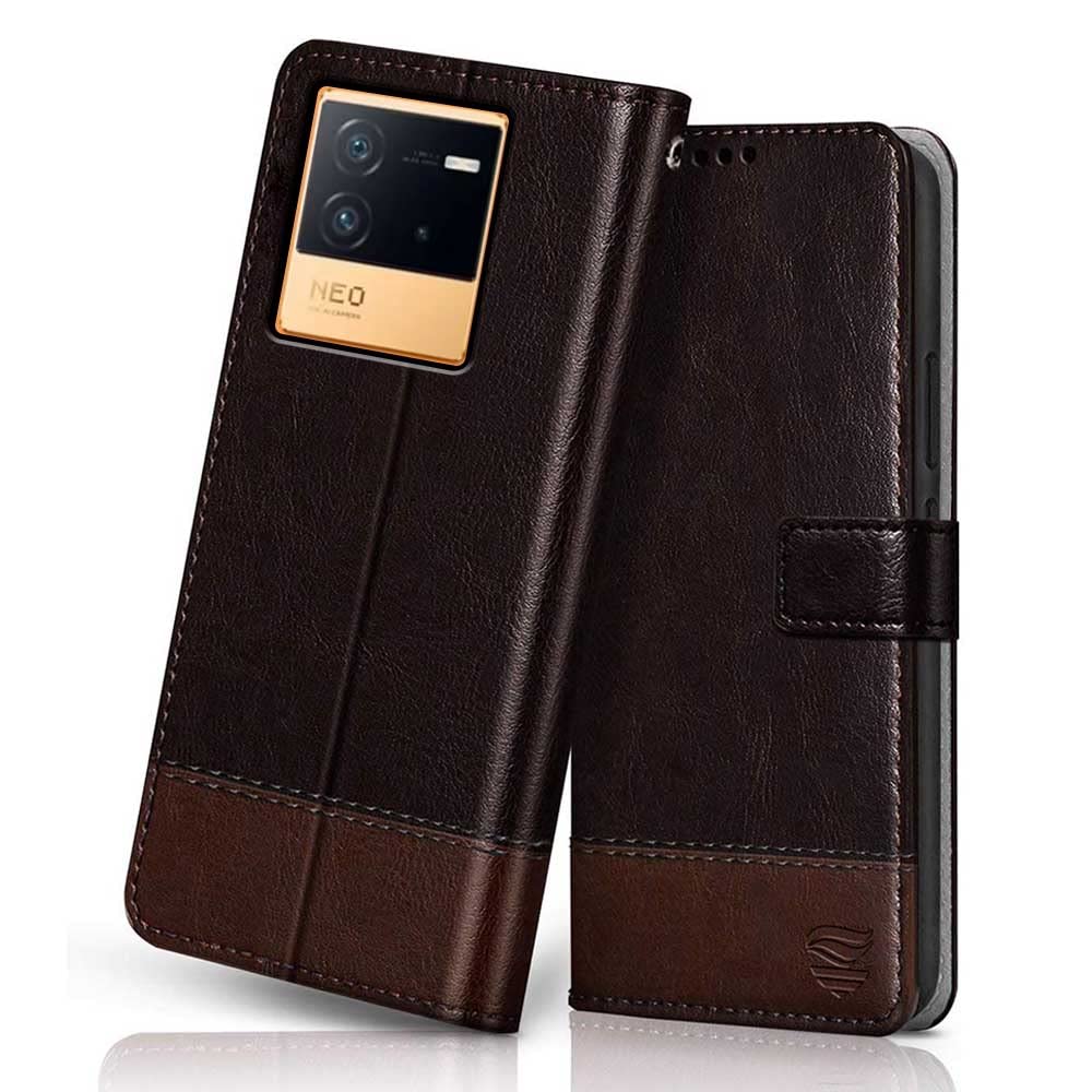 FLIPPED Vegan Leather Flip Case Back Cover for iQOO Neo 6 5G (Flexible, Shock Proof | Hand Stitched Leather Finish | Card Pockets Wallet & Stand | Coffee with Brown) (B0B2F5F76T) Amazon Price History, Amazon Price Tracker