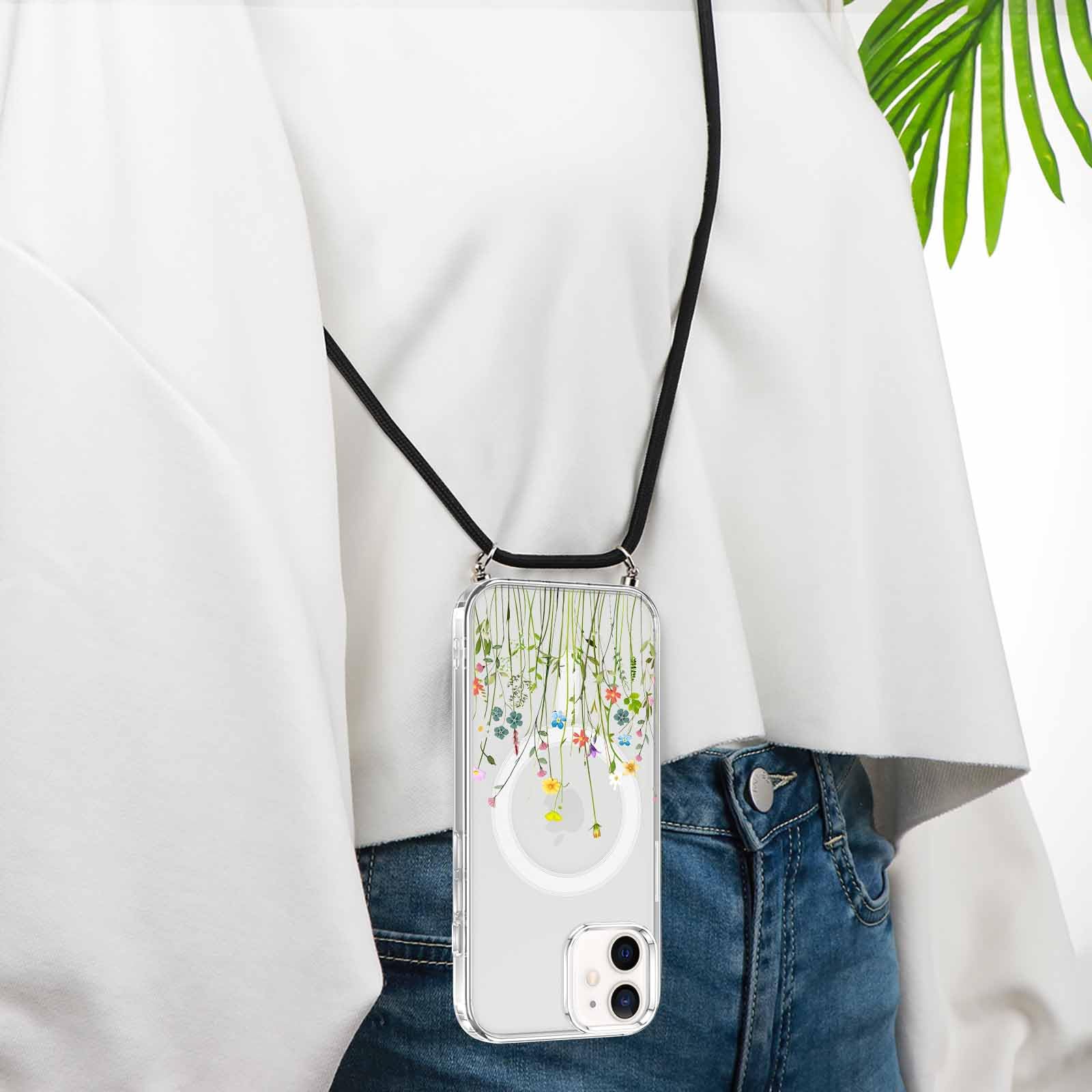 Custodia Yoedge Per IPhone 12/12 Pro 6,1'' Con Cordino E Magneti MagSafe – TPU Trasparente Con Fiori – Antiurto