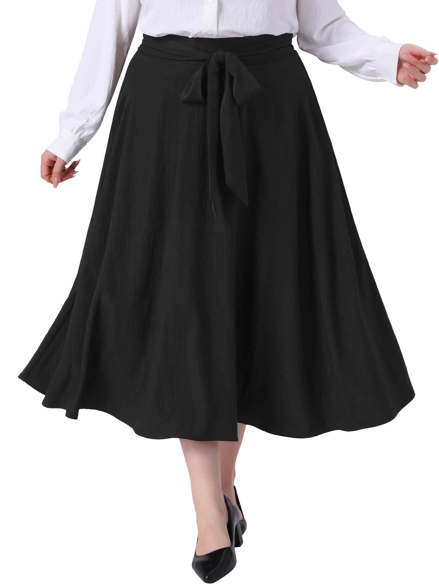 Agnes Orinda Plus Size Skirt for Women Tie Knot High Waist A-Line Pockets Skirt Skater Flared Midi Skirt
