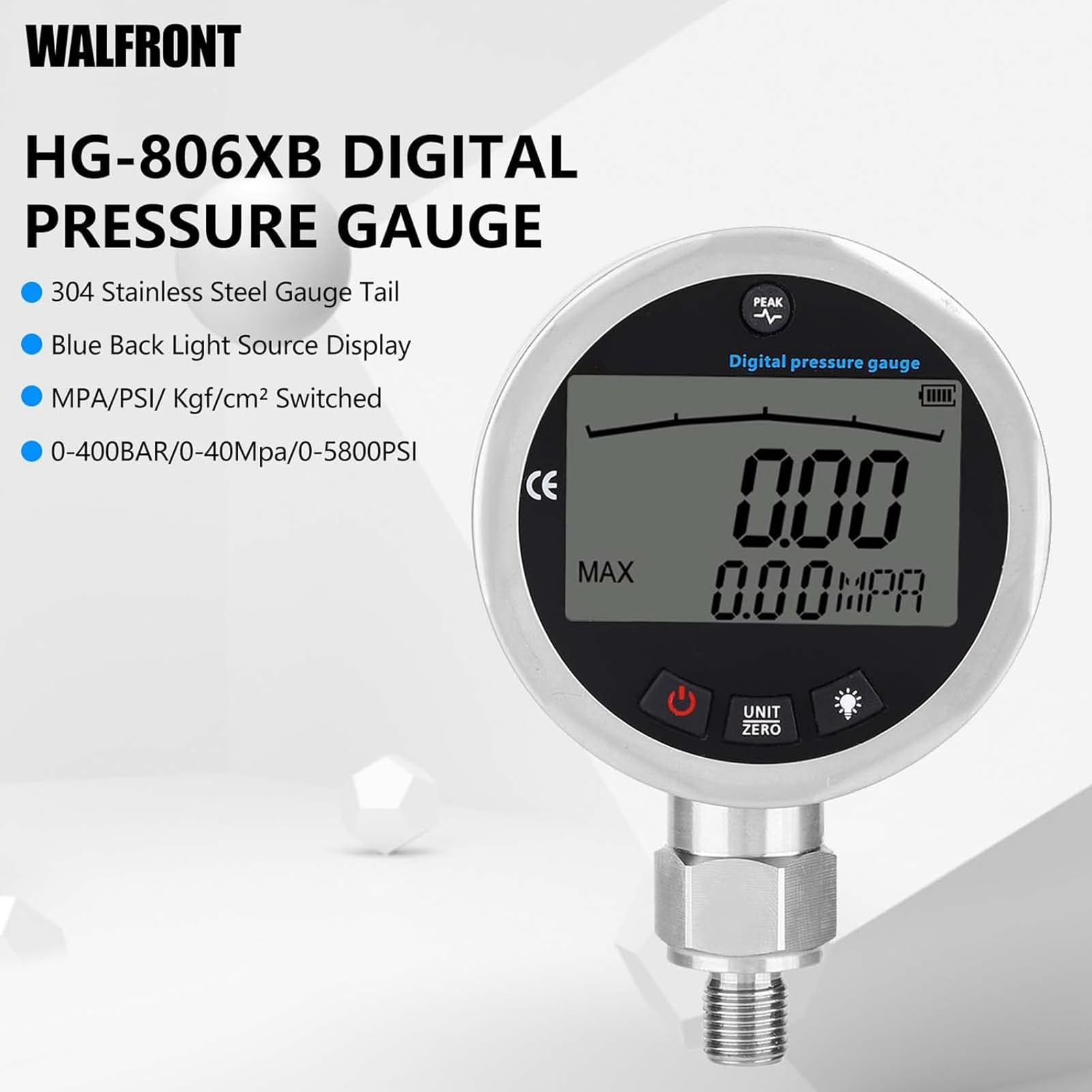 Cryfokt Manómetro Digital, 0-400 Bar 0-40 Mpa 0-5800 Psi G1/4 Pantalla Retroiluminada LCD con Montaje de Rosca para Medición de Presión de Agua, Aire y Aceite en Herramientas Neumáticas