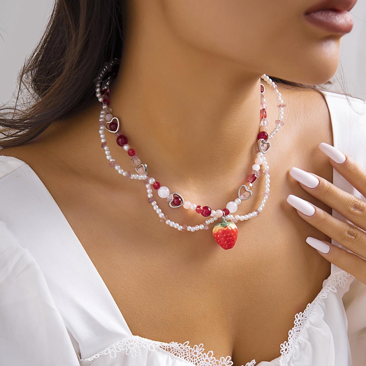 Y2K Layered Pearl Choker Necklaces for Women Crystal Beaded Strawberry Pendant Necklace Vintage Bow Heart Cross Choker Butterfly Tassel Chain Graceful Jewelry Gifts - Image 4