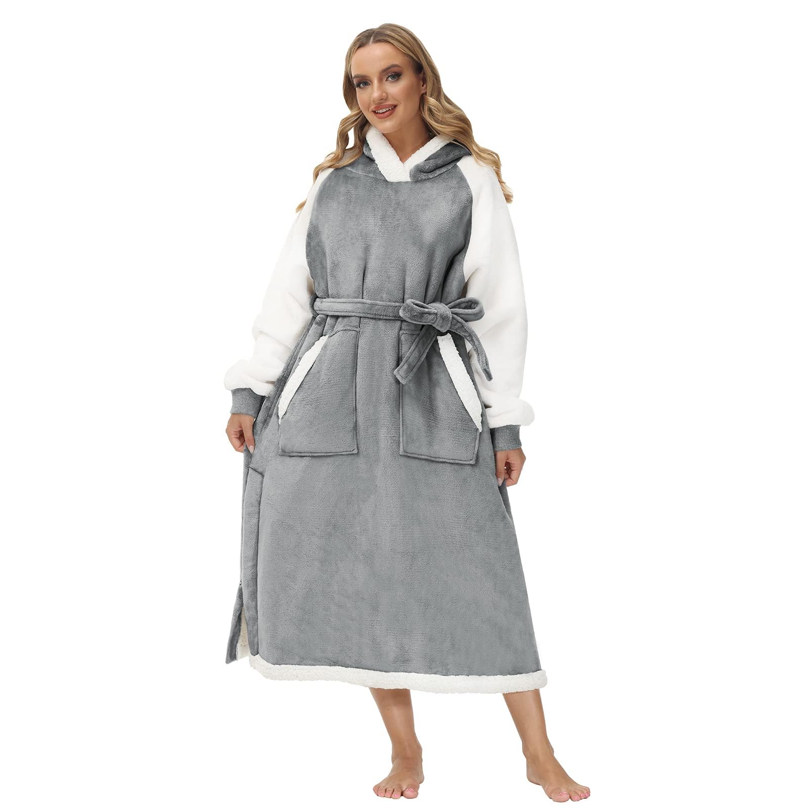 Adafsta Oversized Wearable Blanket Hoodie, Long Sherpa Fleece Blanket Sweatshirt as Gifts for Women Men, with Warm Big Hood and Giant Pocket, Side Split and Belt