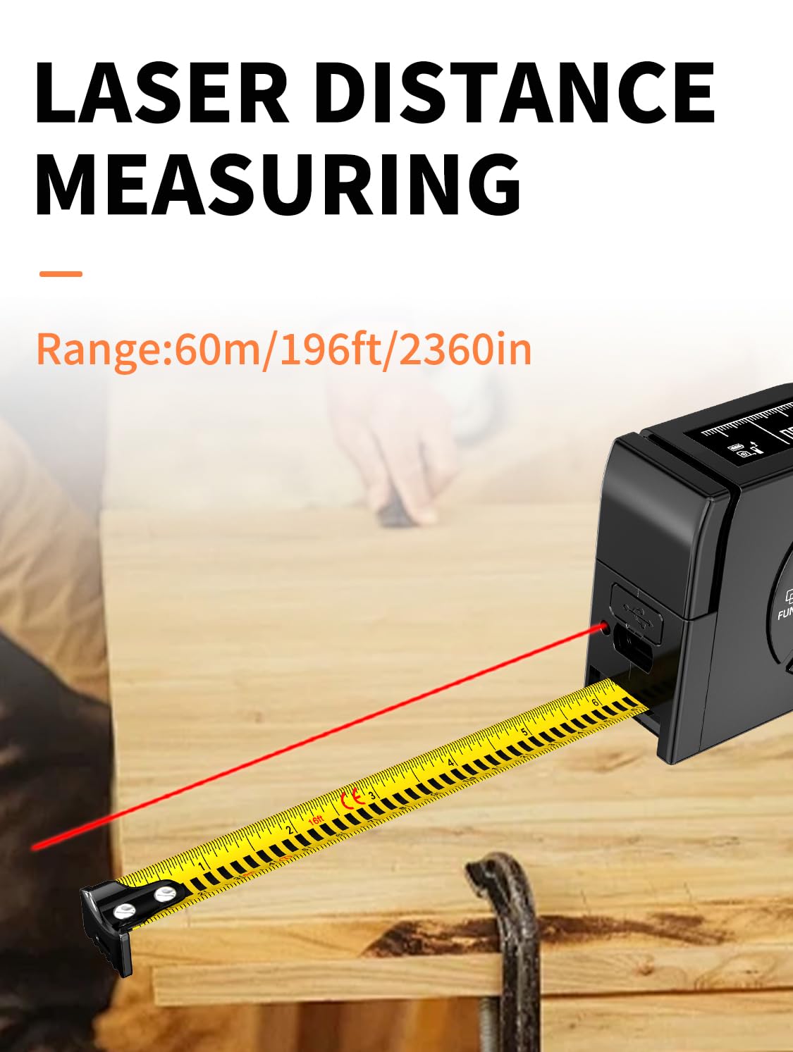 Cinta Métrica Láser 3 en 1, Medidor de Distancia Láser Digital, Telémetro Láser de Cinta Métrica Recargable, Láser 60 m, Cinta 5 m, para Medir la Longitud/Area/Volumen