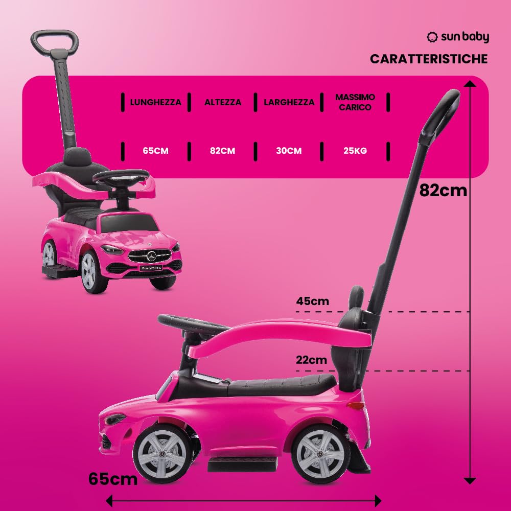 sun baby Macchinina Cavalcabile per Bambini, Macchina a spinta da 12 mesi, schienale alto, volante audio, poggiapiedi estensibili, vano portaoggetti (Rosa)