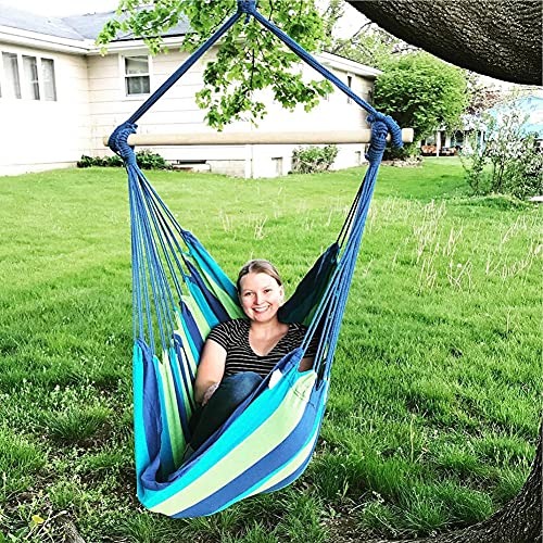 Blissun Hanging Hammock Chair, Hanging Swing Chair With Two Cushions, 34 Inch Wide Seat Blue & Green Stripes (Blue & Green Stripes) #TOP3