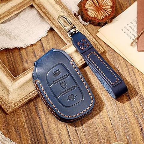 HIBEYO Smart Car Key Case Fits Hyundai Cowhide Leather Protective Case with Keychain Key for Hyundai i10 i20 iX25 iX35 iX45 Elantra Accent Solaris Remote Control 3 Buttons B Blue Cover