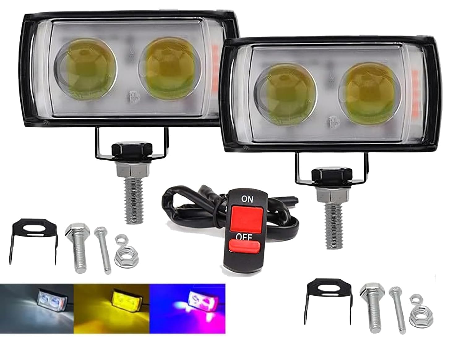 R S Enterprise Ultra Mini Double Lens Fog Light with yellow & White Fleshing Light Reflection 12-24 V, 45W (Pack of 2, RED & Blue DRL) (Bike)