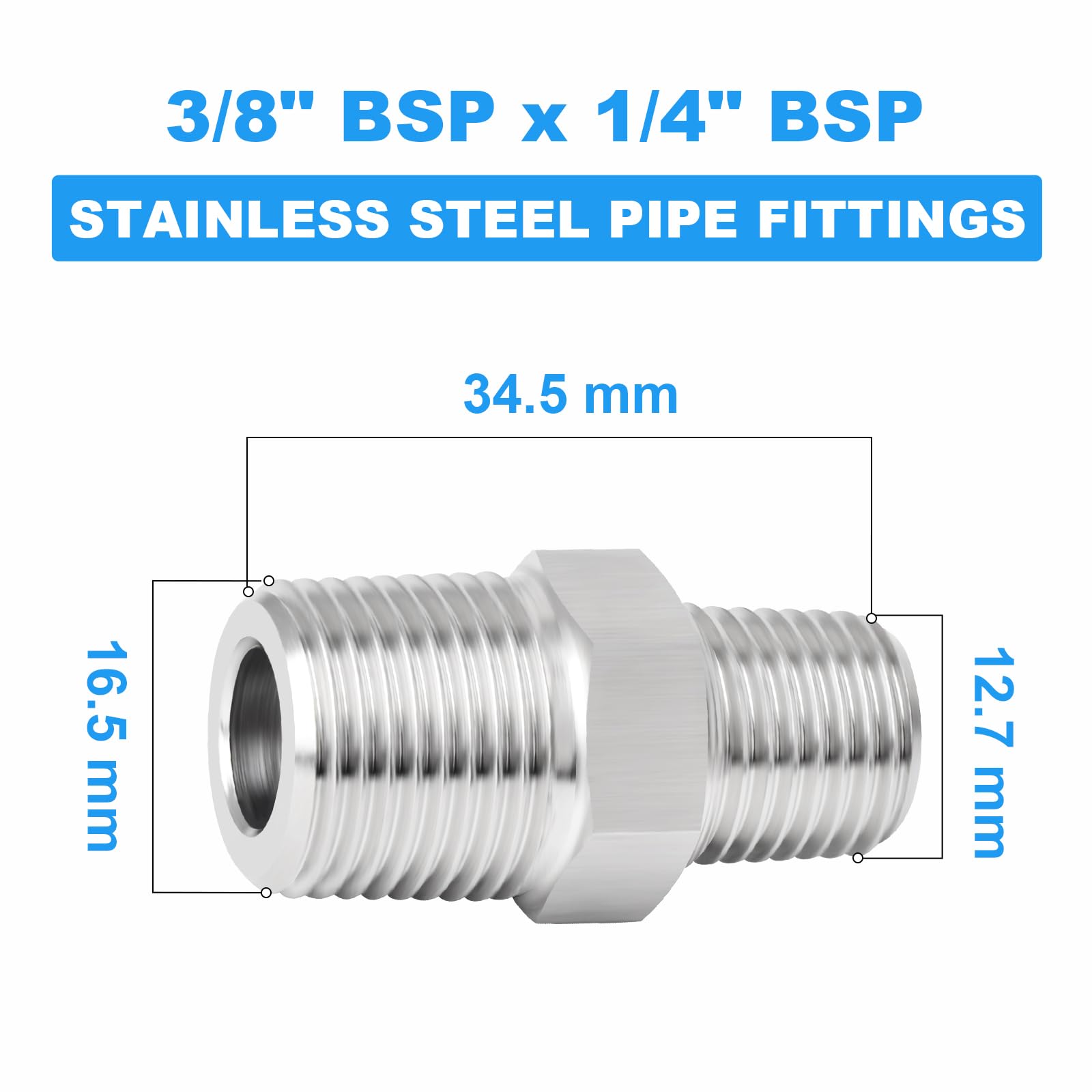 5 Pcs 3/8" x 1/4" BSP Mâle Cold Heading Mâle Raccords hexagonaux réducteurs, Inox 304 Raccords de tuyauterie Raccords