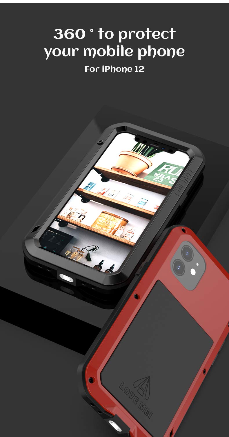 Love MEI - Funda Compatible Con IPhone 12, Deportes Al Aire Libre, Militar, Resistente, Funda De Metal Impermeable, A Prueba De Golpes, A Prueba De Polvo, Con Protector De Pantalla De