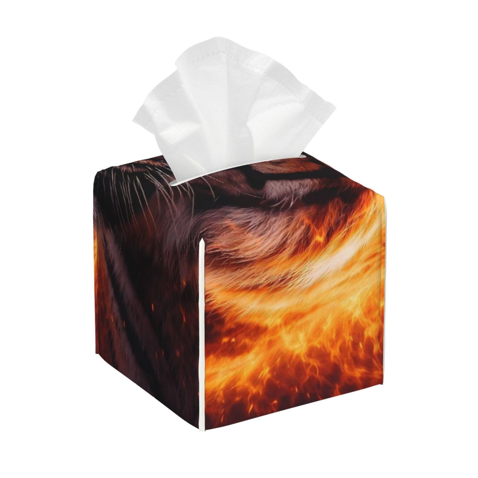 Wild Angry Animal King Fire Flame Tiger Leather Tissue Box Cover Holder Square Facial Paper Organizer 5.2" X 5.2" X 5.2"