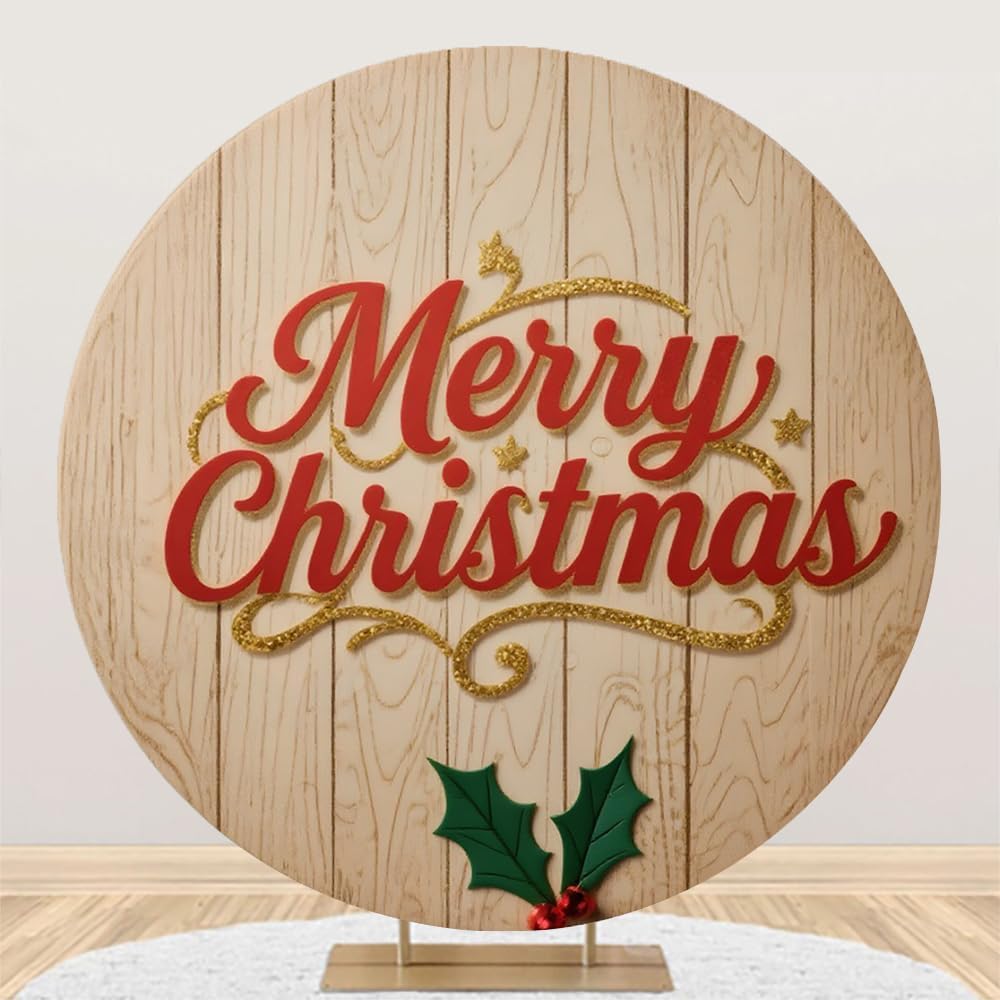 Christmas Round Backdrop Cover 7.2ft for Circle Arch Stand Rustic Wooden Christmas Circle Backdrop Covers Holiday New Years Birthday Xmas Party Photo Shoot Photography Background