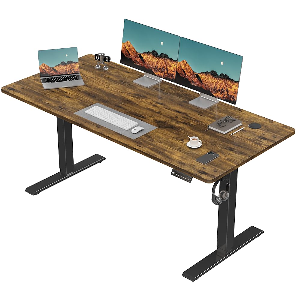 TRIUMPHKEY Höhenverstellbarer Schreibtisch 130 x 60 cm, Schreibtisch Höhenverstellbar Elektrisch, Ergonomischer Steh-Sitz Tisch Computertisch für Home Office, Braun