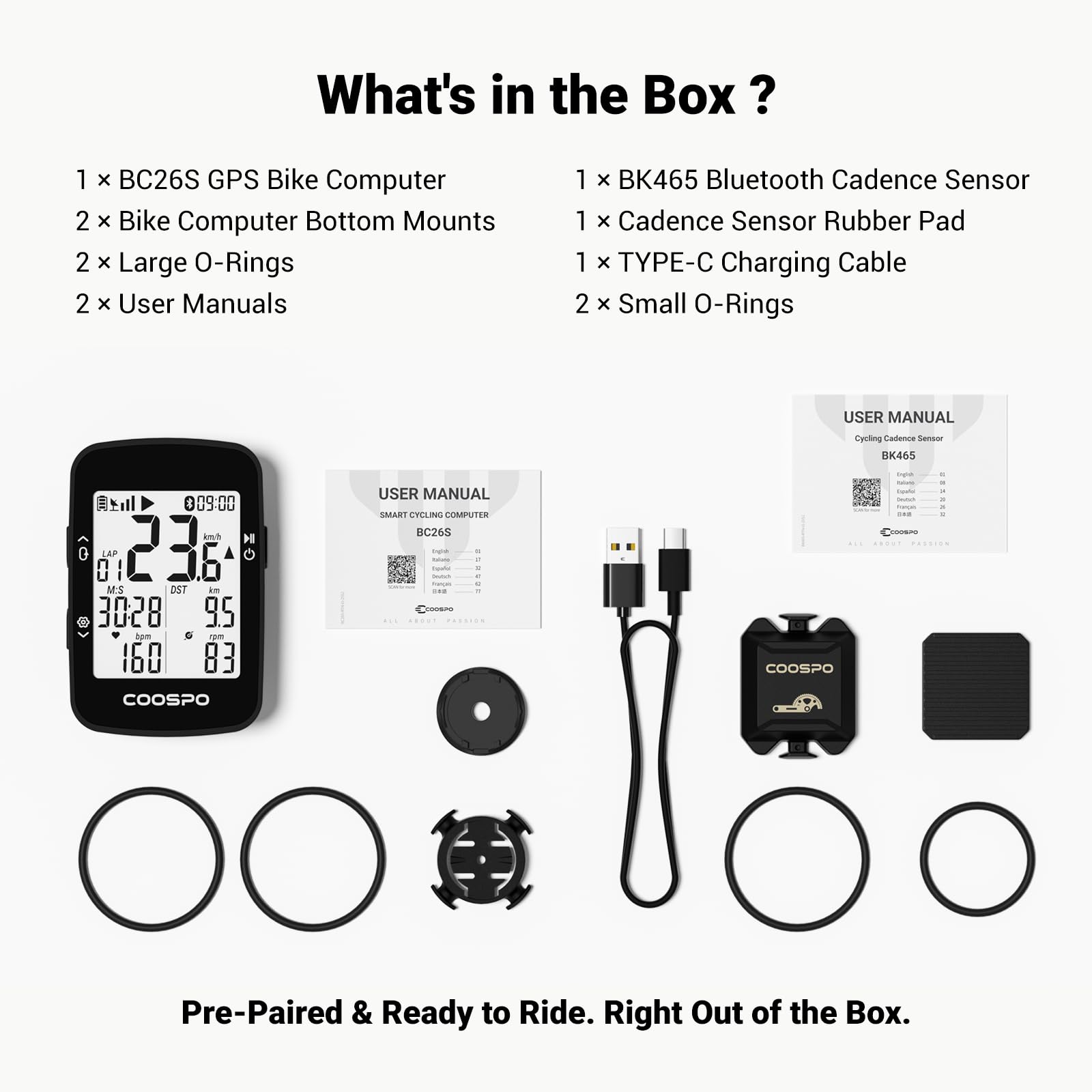 COOSPO BC26 Compteur Velo GPS, Bluetooth 5.0 Ordinateur Vélo Kilométrique Odomètre, Écran LCD rétroéclairé de 2.3 Pouces Compatible avec Strava, Route et VTT