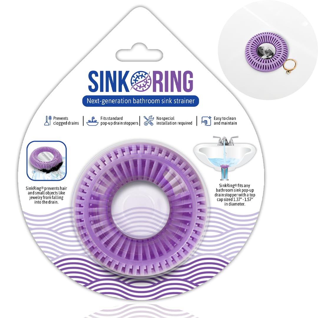 Bathroom Sink Hair Catcher for Pop-Up Drain – SinkRing 1.57" Precision Strainer for Bathroom Sink Drains | Clog-Free Hair Trap for Contacts, Earrings, Jewelry | No Suction or Screws – Violet