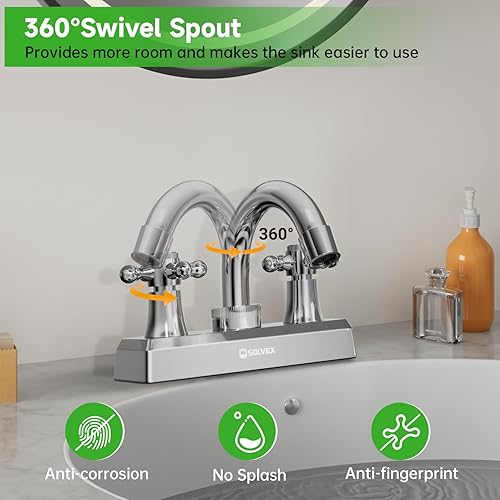 Miniatura 2 de SOLVEX SP-40005 - Grifo de baño de 2 manijas de 4 pulgadas, grifo de baño de 3 agujeros, cromado, grifo de lavabo de baño con mango cruzado montado