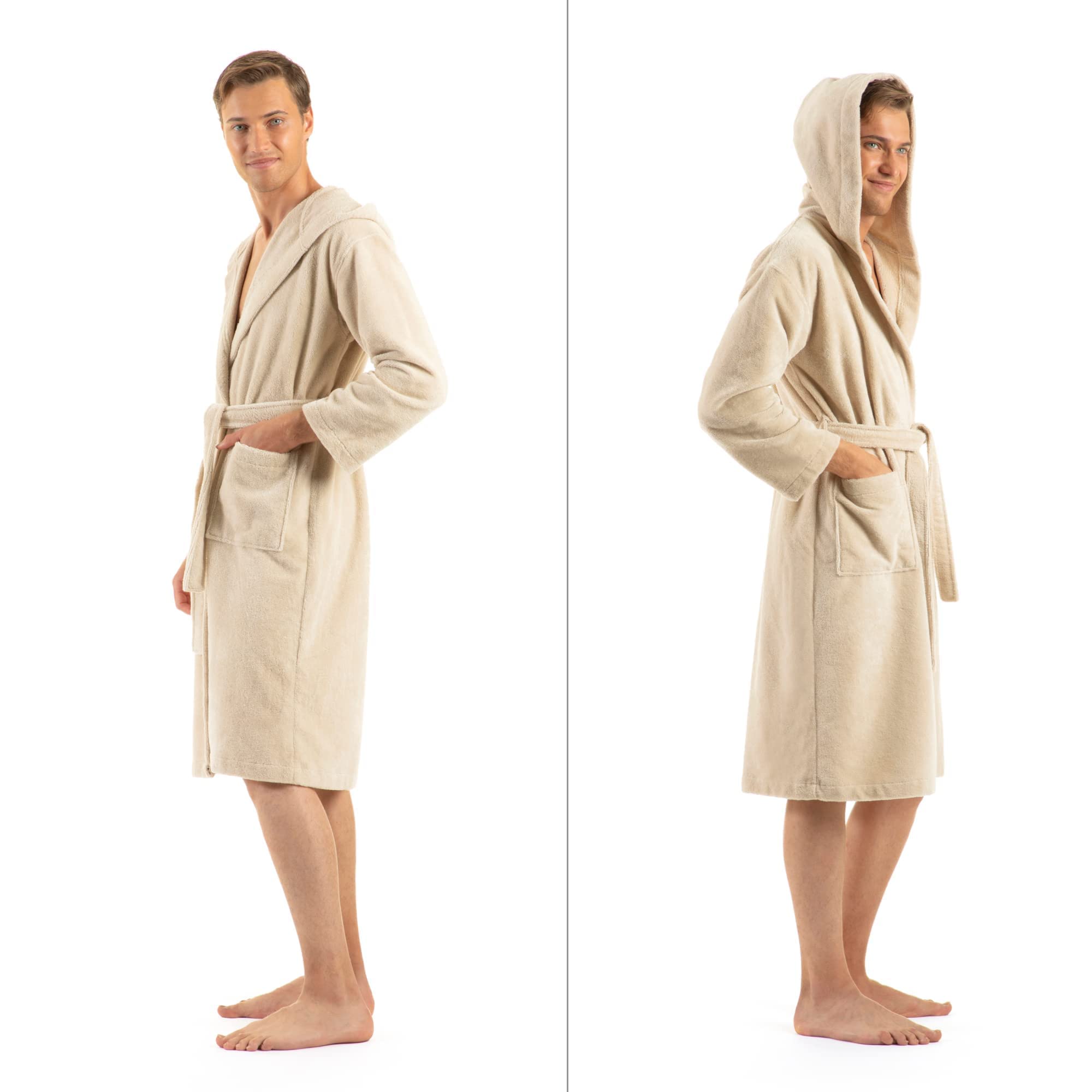 Bademantel Damen Flauschig, Bademantel Herren mit Kapuze aus Baumwolle, Frottee Saunamantel, Unisex, Sauna Mantel Damen mit langem Gürtel S/M - L/XL