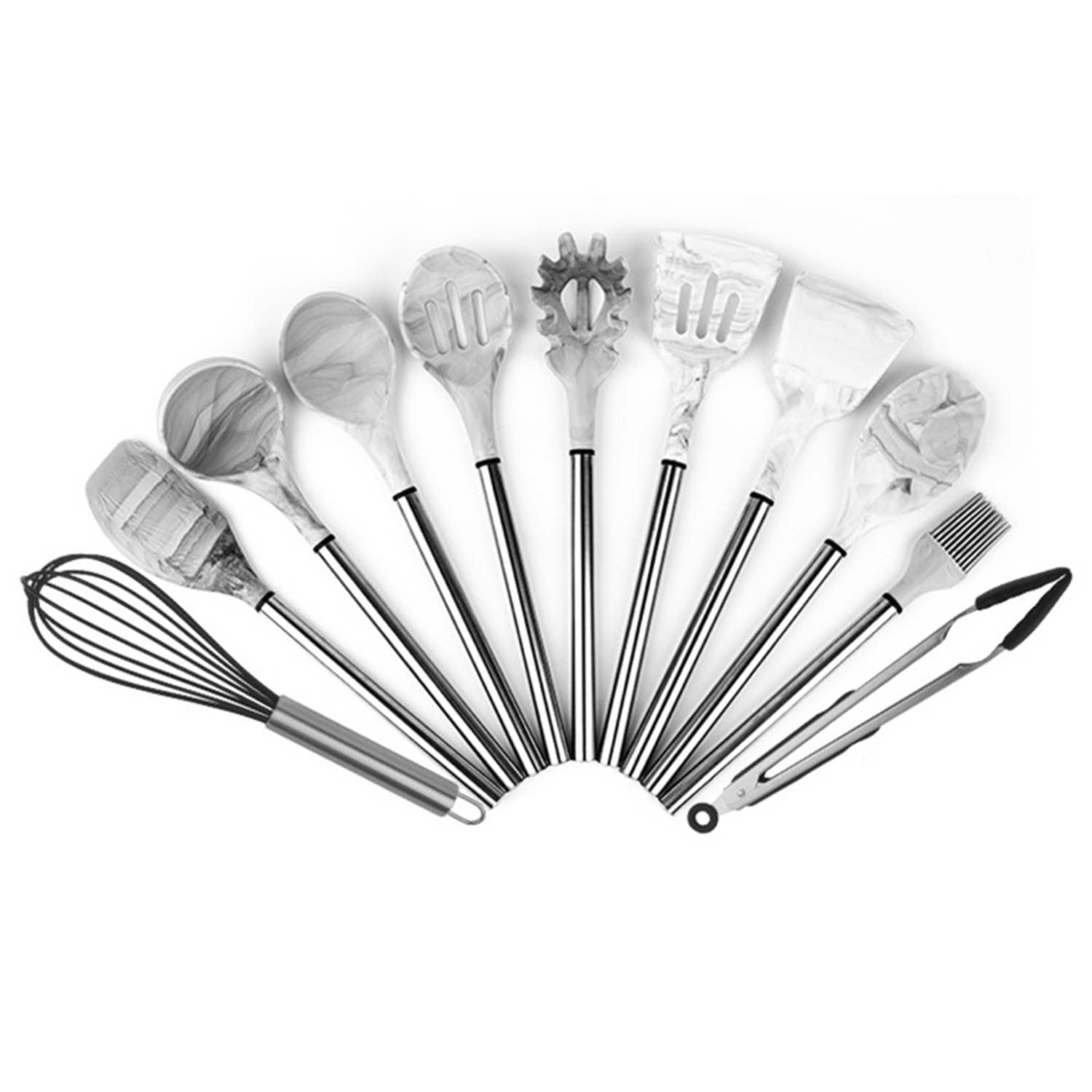 Ensemble D'ustensiles de Cuisine 11pcs Acier Inoxydable Silicone Ustensiles de Cuisine Style Marbre avec Accordeur Fendu Louche Spatule Cuillère Serveur de Pâtes Fouet