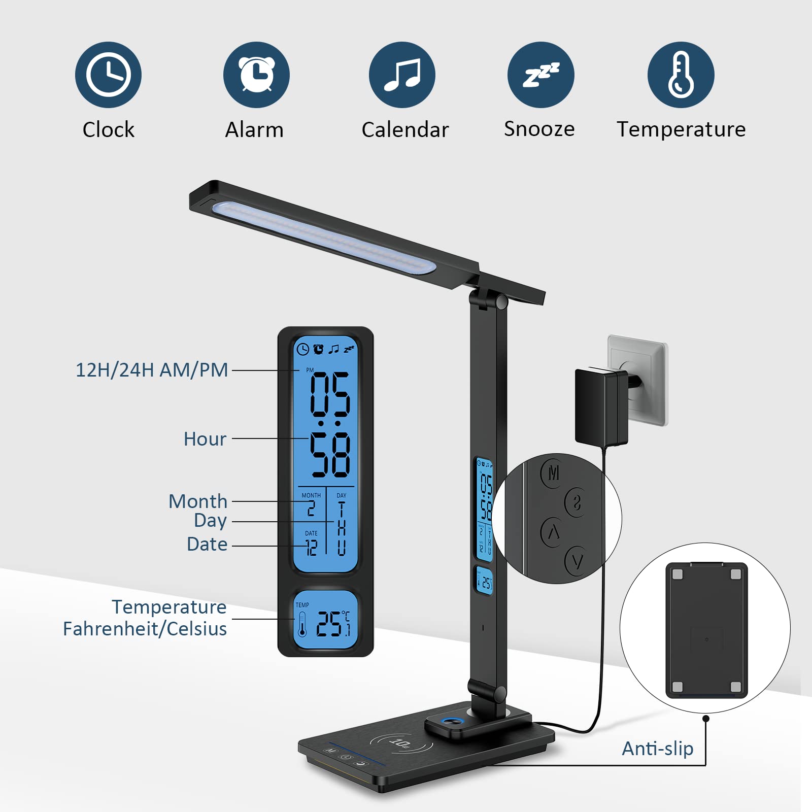 YAMYONE Lampada da Scrivania LED Tavolo Touch Control 3 Modalità 5 Livelli Luminosità Wireless USB Ricar… — immagine 2 di 12