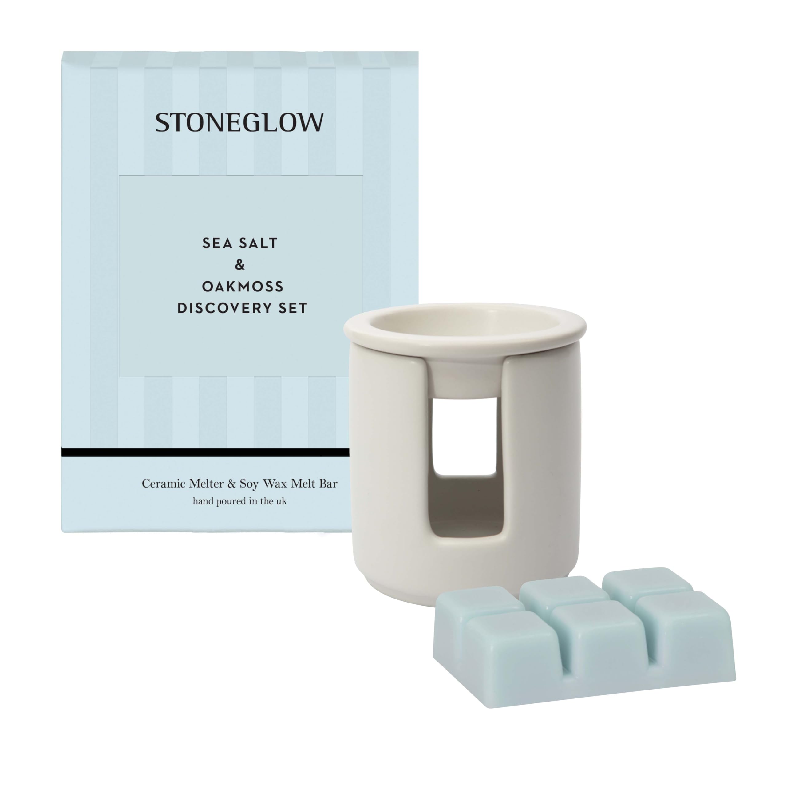 Stoneglow Modern Classics Collection - Sea Salt & Oakmoss - Ceramic White Wax Melter & Soy Wax Melt Bar Discovery Set - Blue