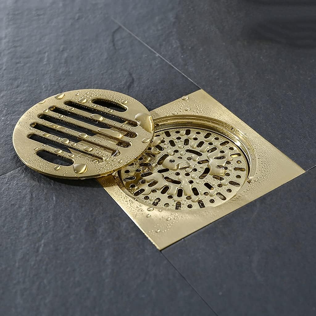 Brass Shower Drain Waste Square Bathroom Floor Water Strainer Anti-Odor Grates Brushed Gold 100X100mm