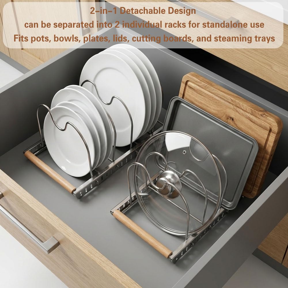 Erweiterbarer Topf- und Pfannen-Organizer aus Edelstahl für Küche, erweiterbares Kochgeschirrregal für Schneidebretter, Deckel, Teller, Schüsseln, 304 SS, 10 verstellbare Trennwände, erweiterte Größe