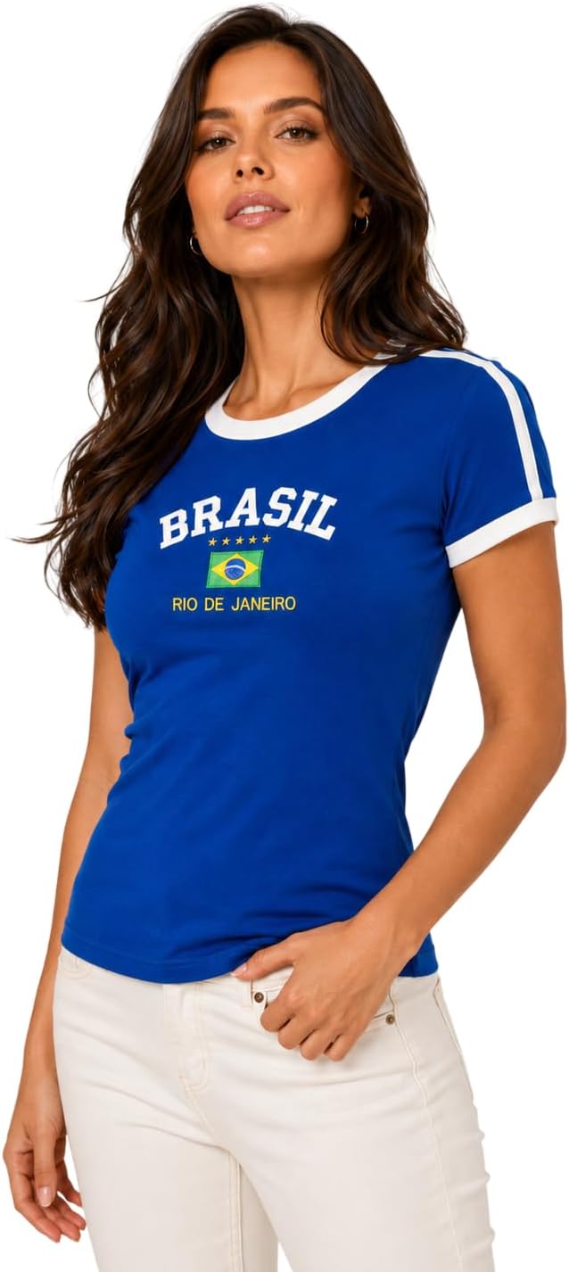 Camisa Brasil Bordada BabyLook Feminina