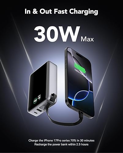 Miniatura 2 de Cargador portátil de 20000 mAh, 30 W PD3.0 y QC4.0 cargador de batería de carga rápida, batería de teléfono con cable integrado compatible con