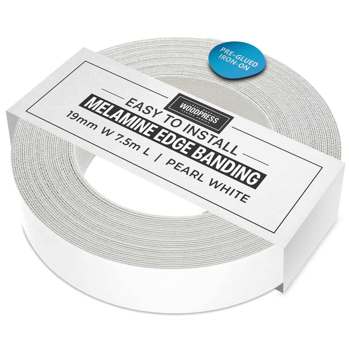 WoodPress® 19mm Pearlised White Melamine Edging, Pre-Glued Veneer Tape – 7.5m Roll - Iron-On for Easy DIY Application – Will Cover the Edge of a Standard MDF Panel
