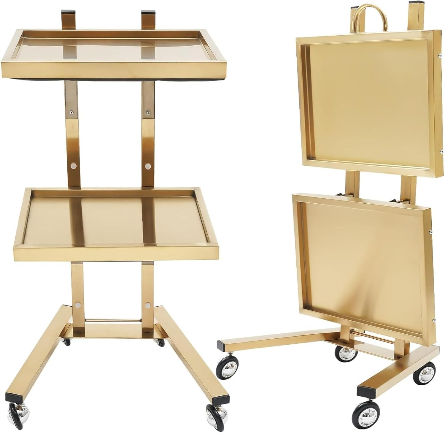 2-Tray Rolling Utility Cart, Foldable 2-Level Medical Trolley with Wheels, Gold Mobile Storage Cart for Dentals Tools, Cavitation Machine, Salon Supplies & Professional Use