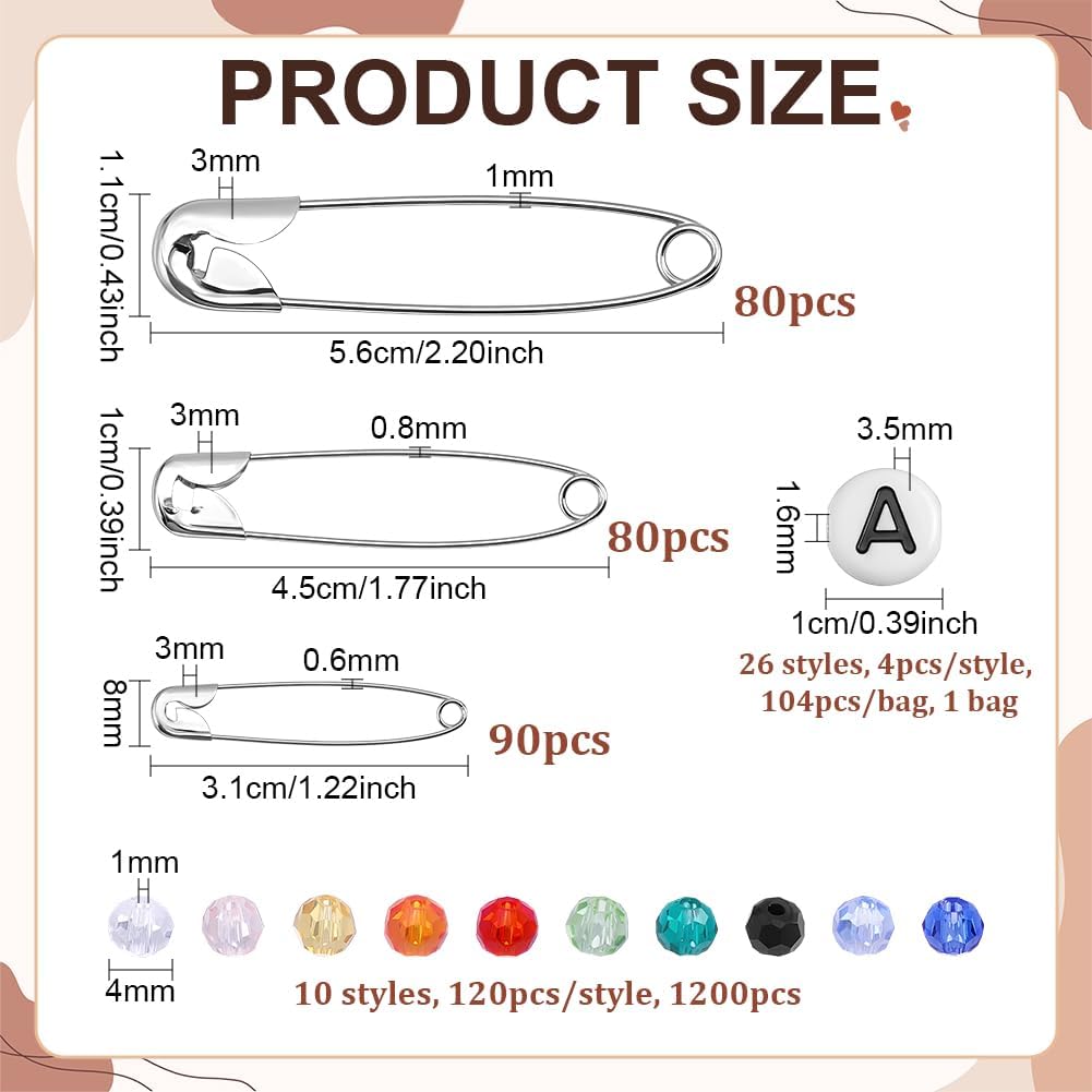 PH PandaHall 1554pcs DIY Beaded Safety Pin Kit, 10 Colors Faceted Glass Beads 4mm Round Crystal Beads Letter Beads with 250pcs Safety Pin Brooches for Pants Jackets Purse Hats Jewelry DIY Crafts image 2