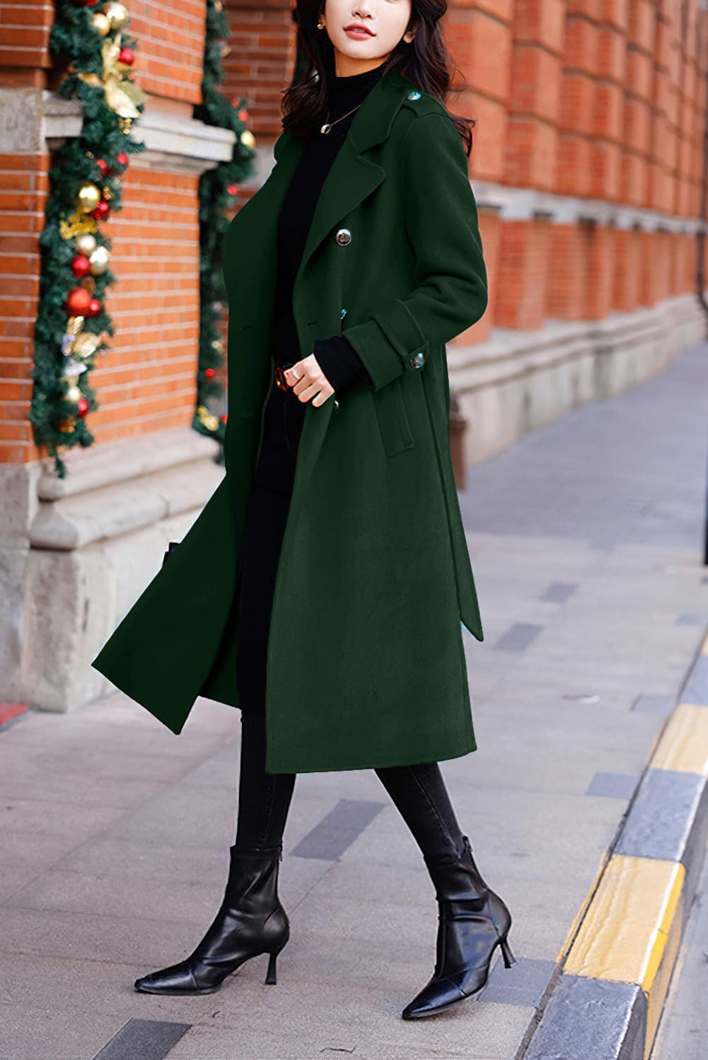 chouyatou Women's Winter Belted Wool Coat Double Breasted Midi Long Casual Trench Dressy Peacoat