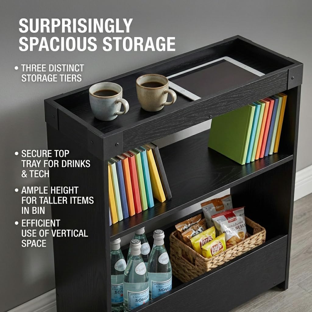 Farmhouse Narrow Side Table with Tray Top & Magazine Rack, 24" H Sofa Couch Side Table with Storage Shelf, Slim End Table for Small Spaces, Modern Nightstand for Bedroom, Living Room (Black)