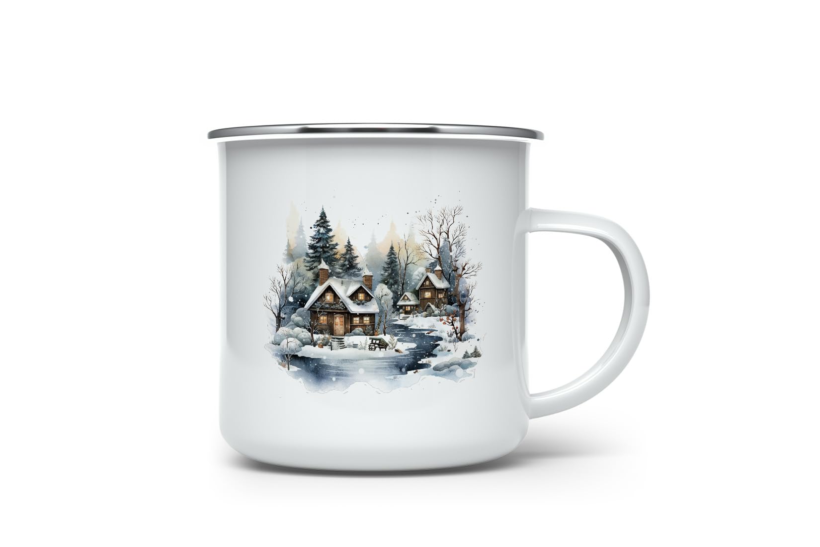 MAXIKIWI - Durable Enamel Coffee or Tea Camping Mug for Indoor Outdoor Use - Christmas Winter House Watercolor clipar - 350ml