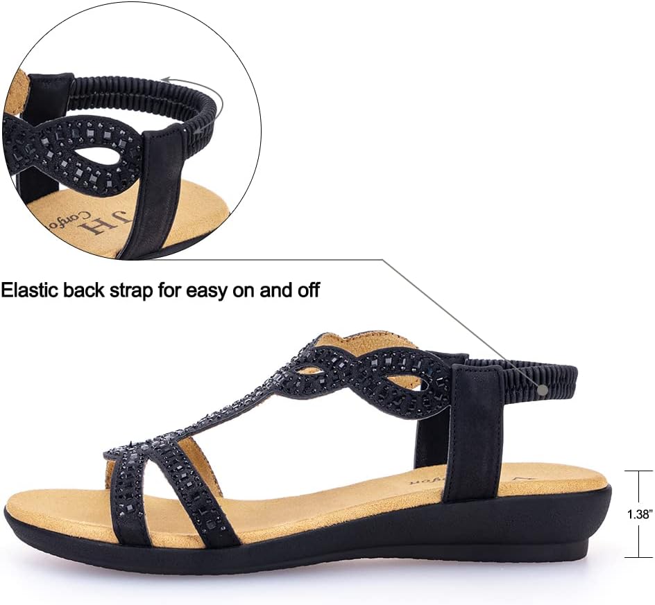 VJH confort Women’s Flat Sandals,Comfort Elastic Strap Rhinestone Open Toe Slip-On Casual Walking Sandals - Image 2