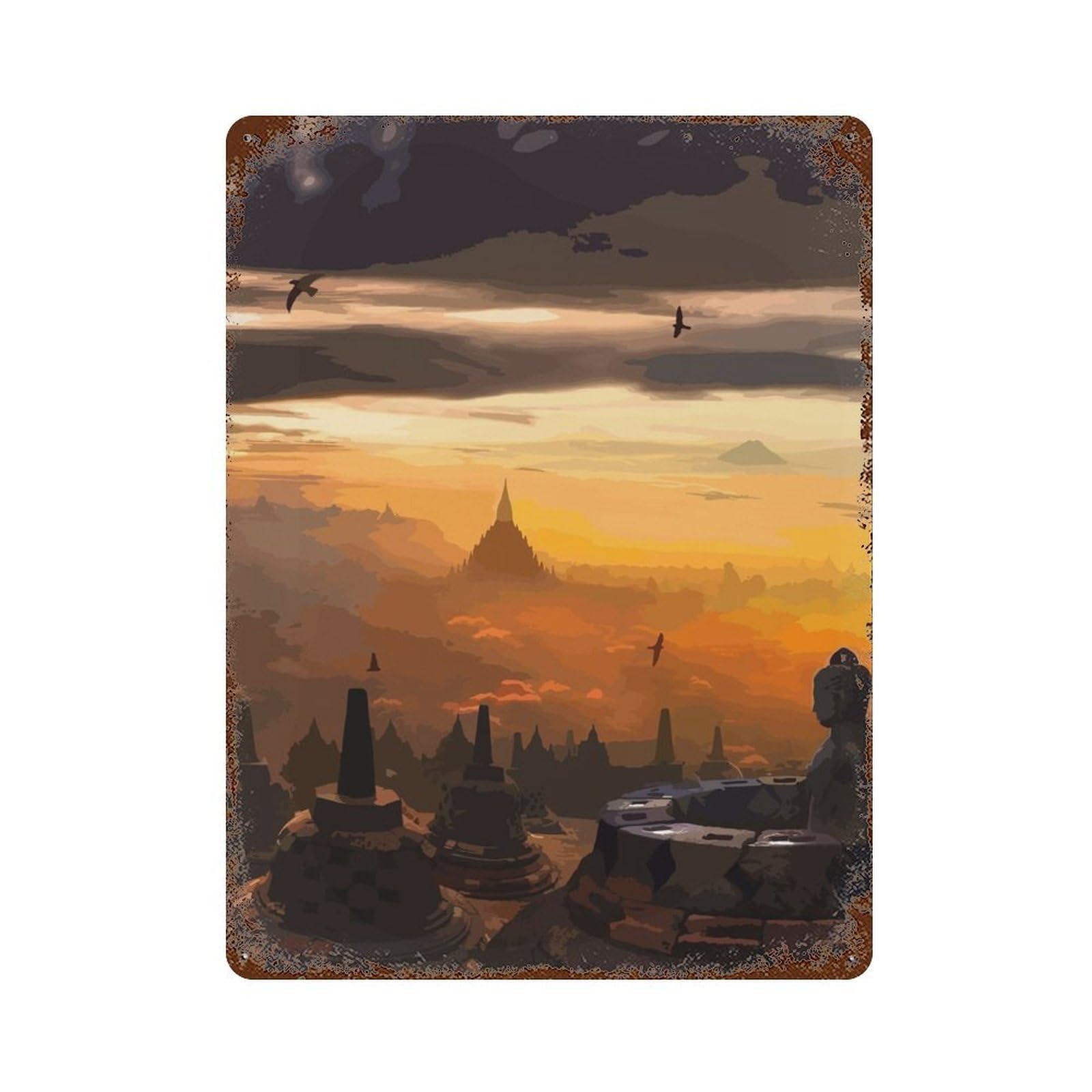 Retro Metal Sign with Borobudur Temple Design 15.7"x11.8", for Bistro, Counter And Cafe Decor, Shabby Chic Decor