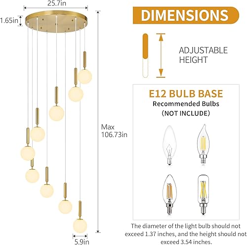 Miniatura 6 de Candelabro dorado de 9 luces con cristal blanco leche de mediados de siglo moderno globo colgante luz para vestíbulo, sala de estar, entrada, pasillo