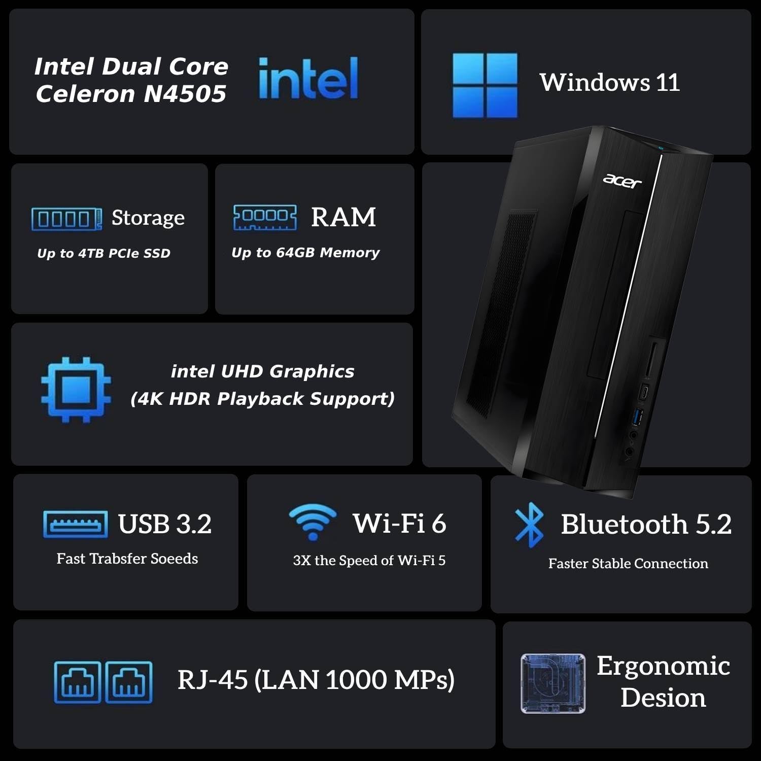 acer 2025 Aspire Desktop, 16GB RAM, 512GB PCIe SSD, Intel Processor, Ultra-Quiet Design, SD Card Reader, Dual 4K Monitor Support, USB-C, Wired Keyboard and Mouse, Windows 11