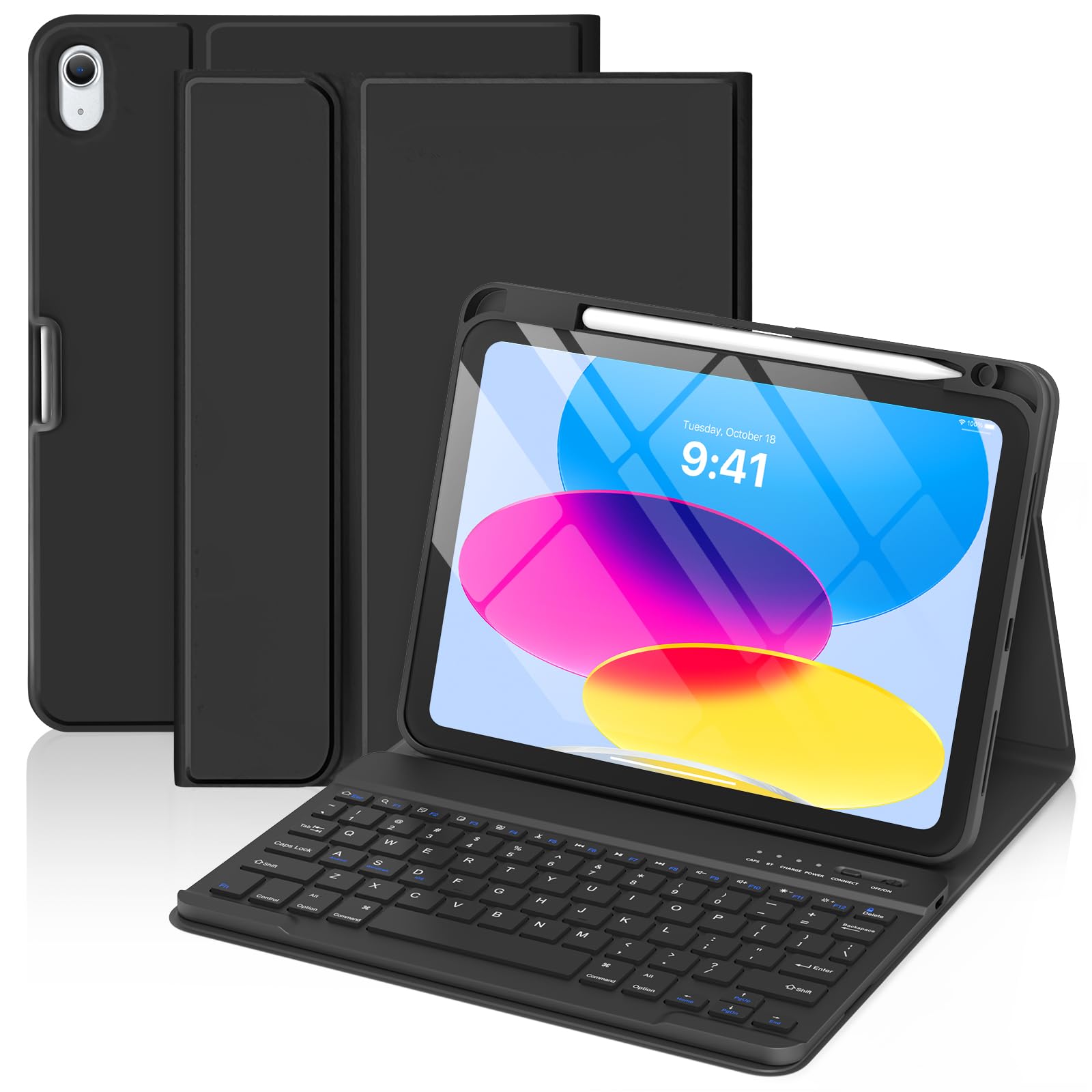 Tastatur Hülle für iPad a16 2025 iPad 10. Generation 10,9 Zoll 2022, Schutzhülle mit Bleistifthalter, QWERTZ Deutsches Abnehmbarer Kabellose Tastatur-Schwarz