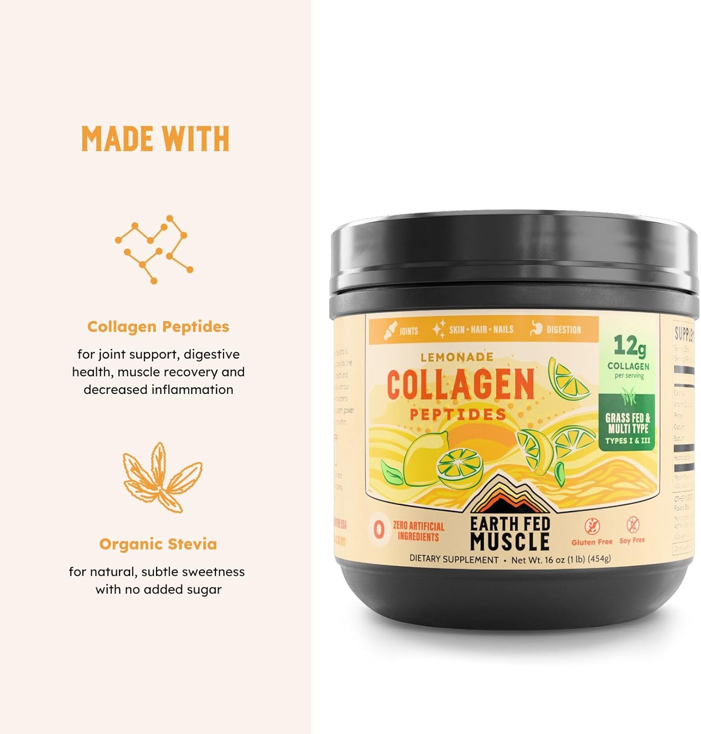 Earth Fed Muscle Lemonade Collagen Powder – Grass Fed Hydrolyzed Collagen for Women & Men - Healthy Bones, Skin & Hair - Types 1 & 3 Collagen Powder, 12g Per Serving, 33 Servings - Image 7