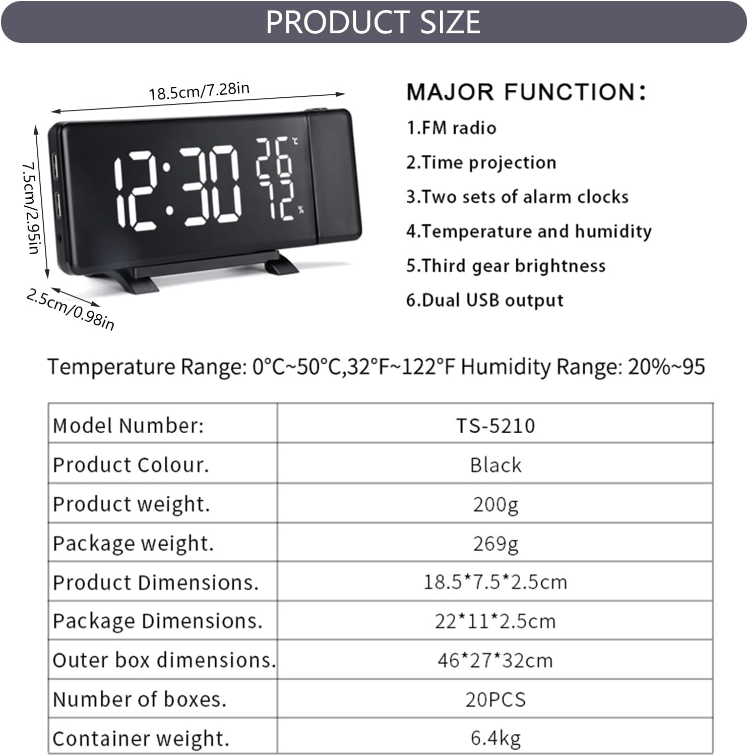 Alarm Clock Digital Alarm Clock with 180 Degree Rotating Projection LED Display Snooze USB Charging Port and 2 Alarms for Bedroom