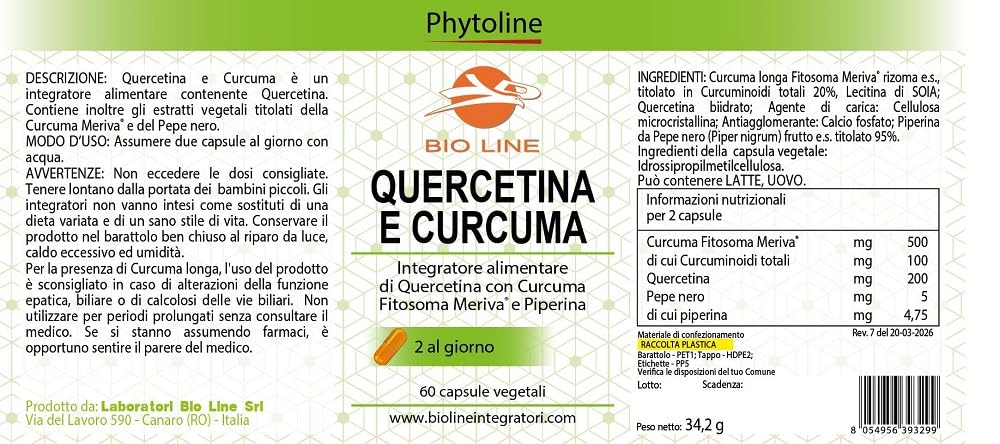 Quercetina e Curcuma - Integratore alimentare a base di Quercetina e estratti vegetali di Curcuma e Piperina, 60 capsule vegetali