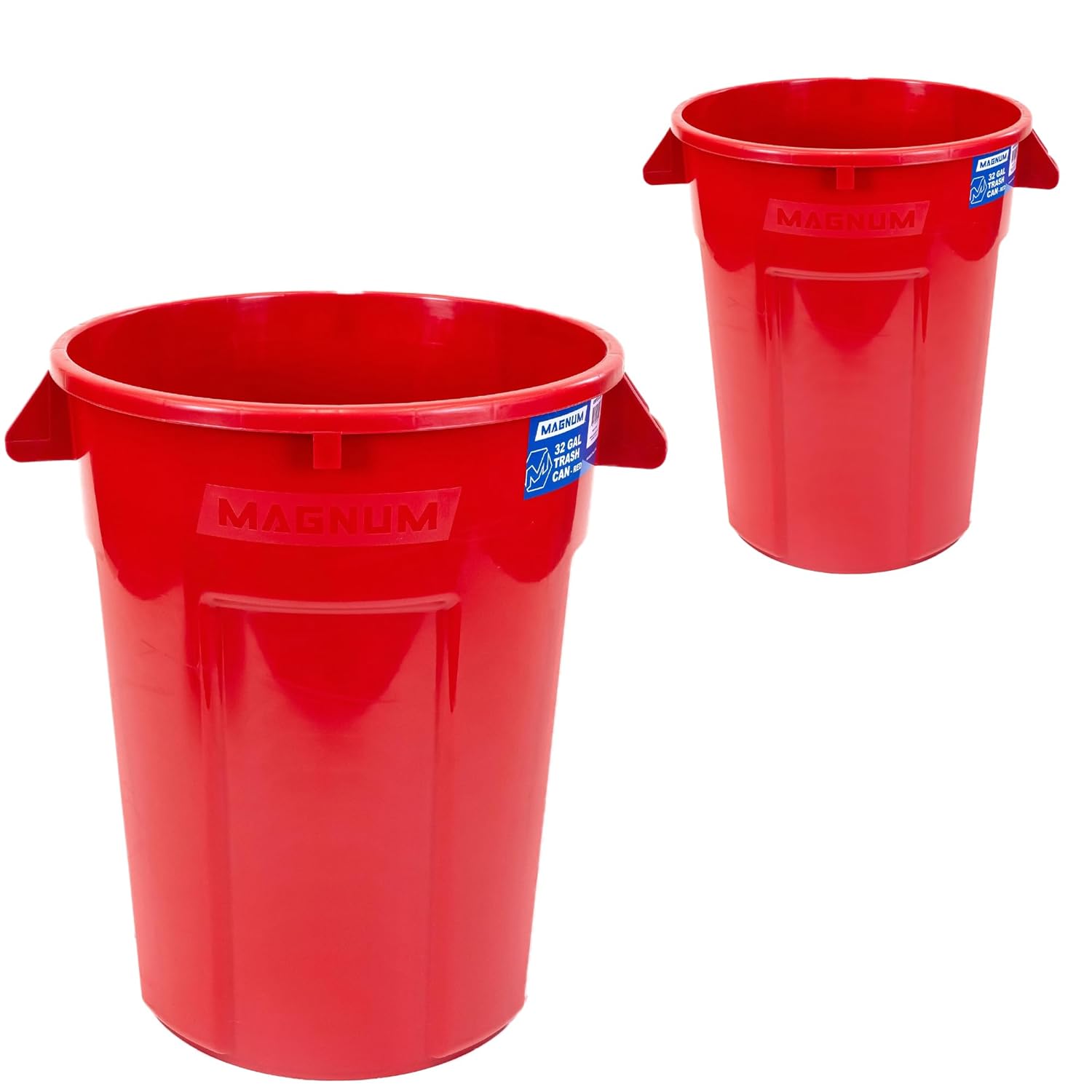 Magnum 32 Gallon Trash Can, High-Vis Red, Construction Grade, Heavy Duty Plastic, Jobsite Ready for Handling and Holding Garbage CMTC-C000-32R02 (2 Pack)