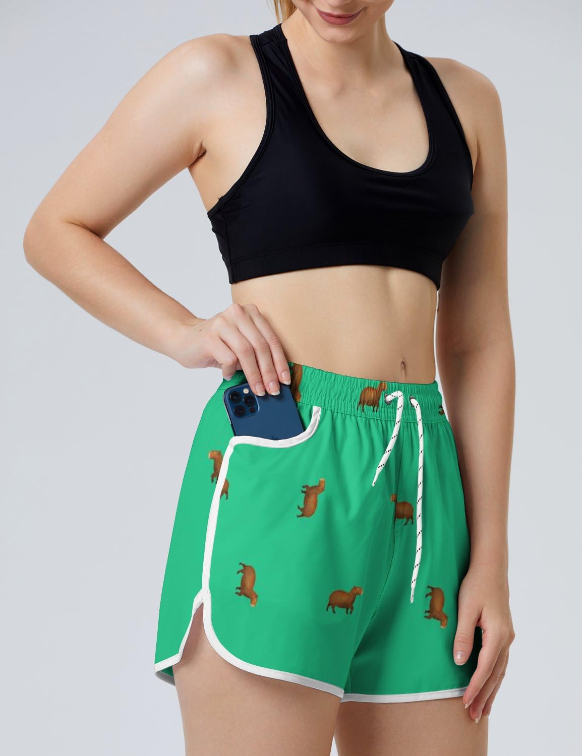 AYUNIX Women's Running Shorts with Pockets Quick Dry Performance Shorts for Women Capybaras Athletic Workout Gym Shorts White